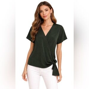 Ann Taylor Dark Green Wrap Tie V-Neck Blouse